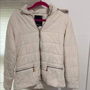Women's Cream Quilted Hooded Puffer Jacket with Lace Trim